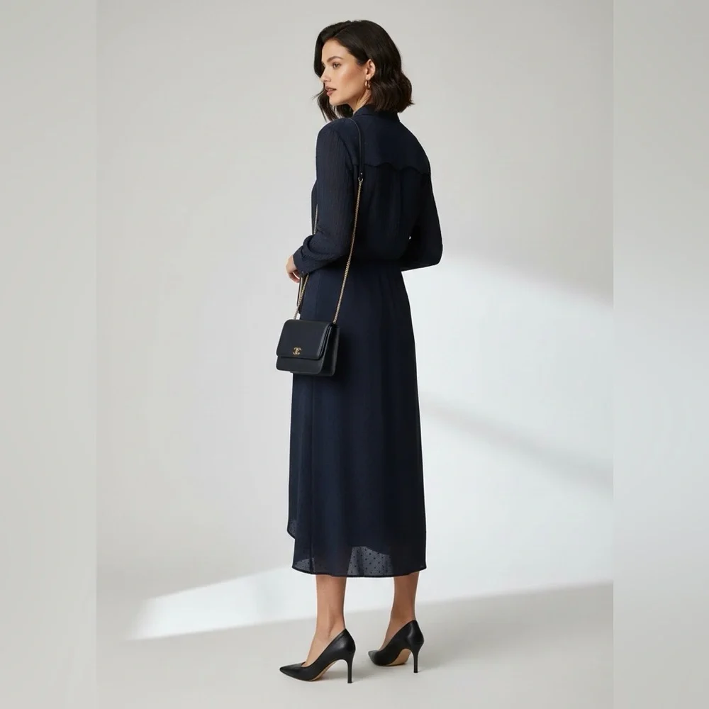 Sandro Paris Navy Swiss Dot Pleated Midi Shirt Dress Scallop Yoke 12 - Picture 3 of 15